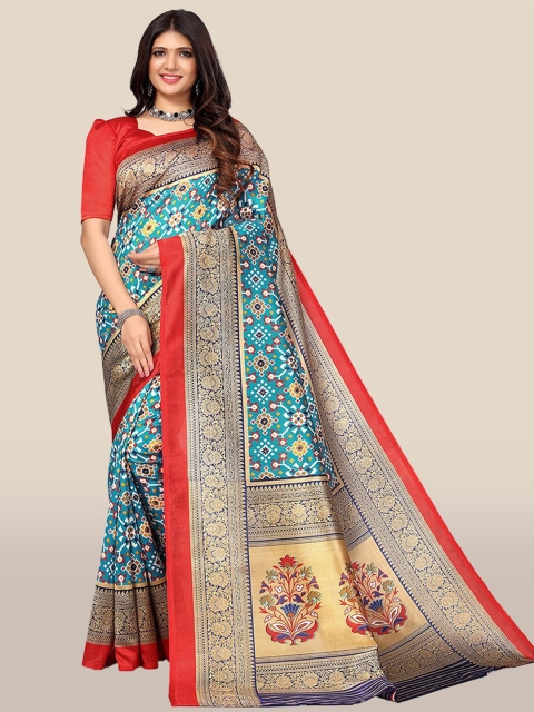 

KALINI Turquoise Blue & Red Floral Printed Art Silk Saree
