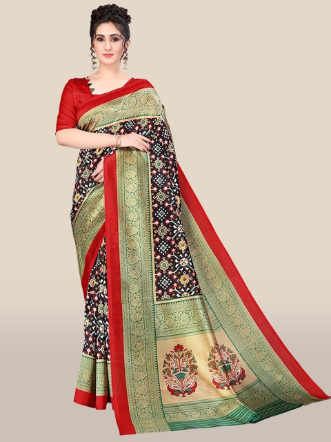 

KALINI Black & Green Floral Printed Art Silk Saree