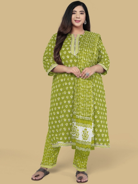 

MIRCHI FASHION Plus Size Women Yoke Design Pure Cotton Kurta with Trousers & Dupatta, Green