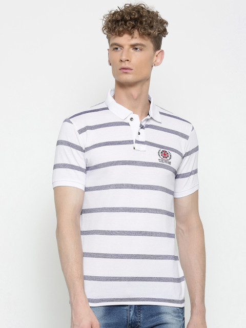

Peter England Casuals Men White & Blue Striped Polo Collar T-shirt