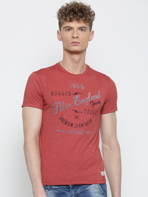 

Peter England Casuals Men Rust Red Printed Round Neck T-shirt