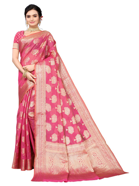 

Nimayaa Pink & Gold-Toned Woven Design Zari Organza Saree