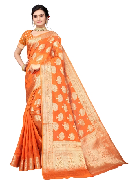 

Nimayaa Rust & Gold-Toned Floral Woven Design Zari Organza Saree