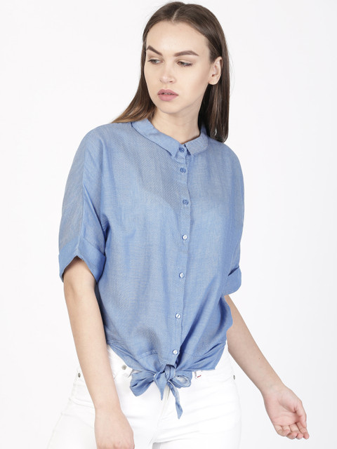 

ether Women Blue Solid Shirt Style Top