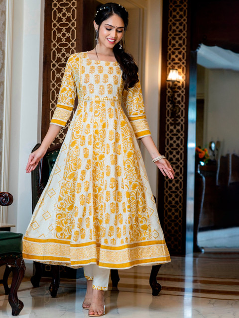 

PREKSHA Women Yellow Ethnic Motifs Printed Pure Cotton Kurta with Trousers & Dupatta