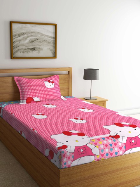 

KLOTTHE Pink & White Cartoon Characters 300 TC Single Bedsheet with 1 Pillow Covers