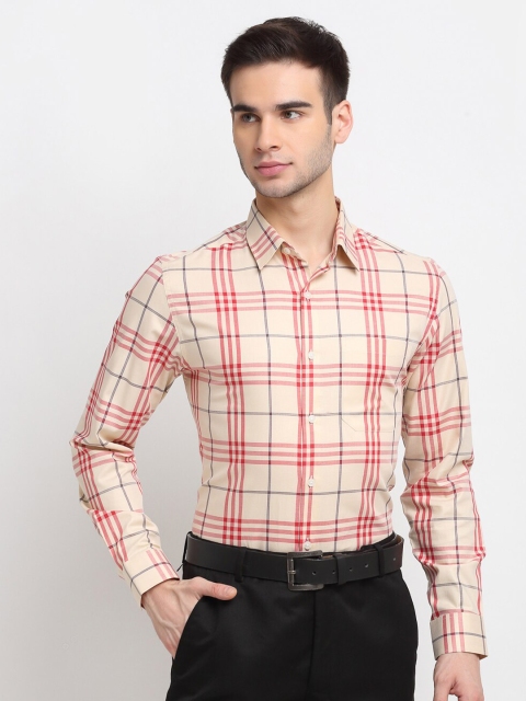 

FINNOY Men Cream-Coloured New Slim Fit Tartan Checks Checked Formal Shirt
