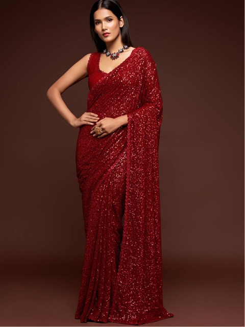 

FABPIXEL Red Embellished Sequinned Pure Georgette Saree