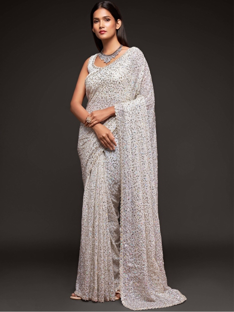 

FABPIXEL White Embellished Sequinned Pure Georgette Saree