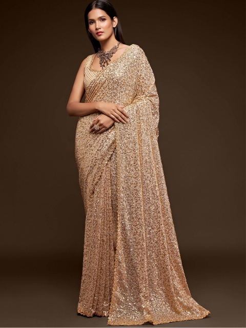 

FABPIXEL Beige Embellished Sequinned Pure Georgette Saree