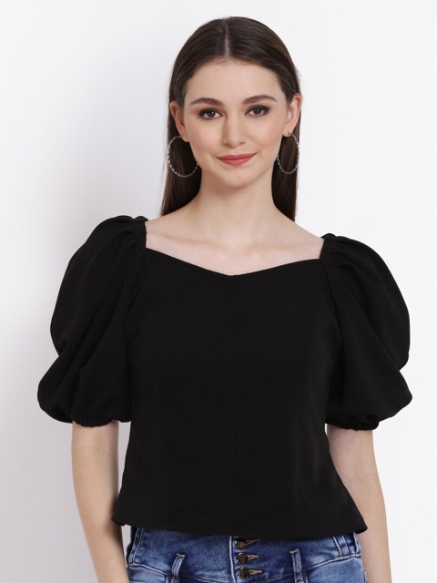

LEXREX Women Black Solid Sweetheart Neck Puff Sleeves Top