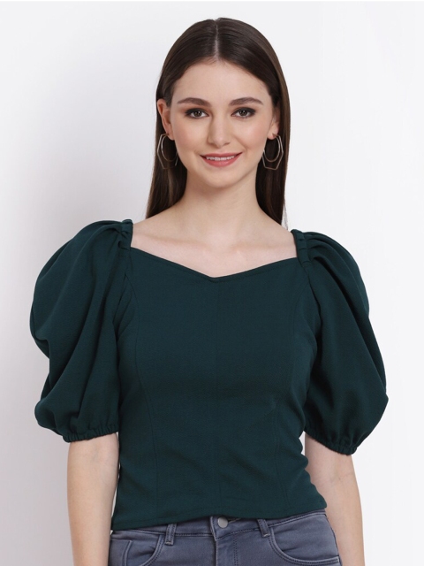 

LEXREX Women Green Solid Sweetheart Neck Puff Sleeves Top