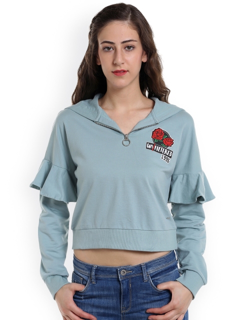 

ONLY Women Green Solid Hooded Crop Sweatshirt
