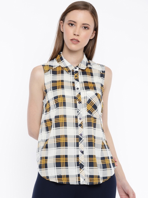 

ONLY Women Off-White & Mustard Yellow Checked Casual Shirt