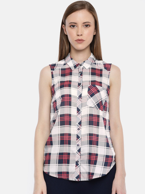 

ONLY Women White & Navy Blue Regular Fit Checked Casual Shirt