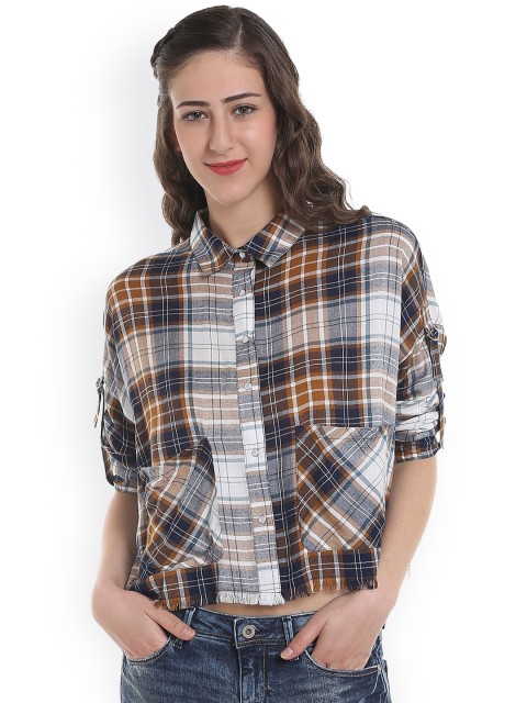 

ONLY Women White & Brown Regular Fit Checked Casual Shirt