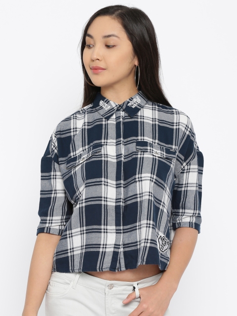 

ONLY Women Navy & White Checked Crop Boxy Casual Shirt, Navy blue
