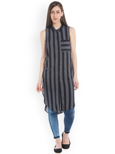

ONLY Women Navy Blue & White Striped Casual Longline Shirt