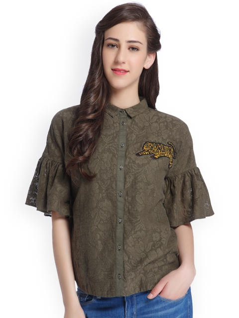 

ONLY Women Olive Green Self-Designed Shirt-Style Top