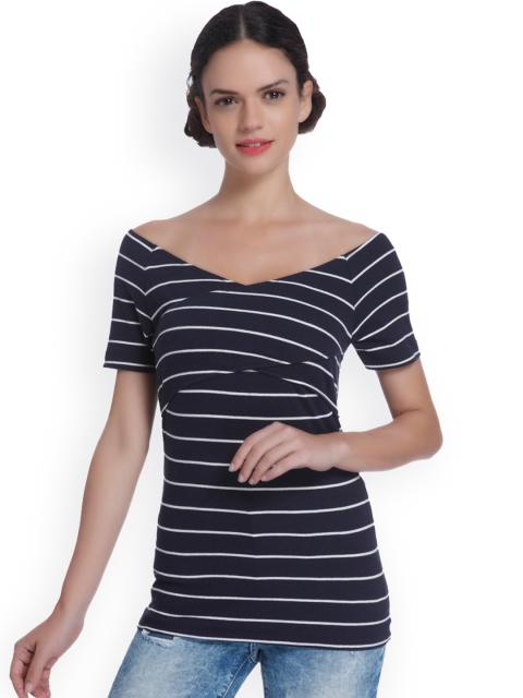 

ONLY Women Navy Blue & White Striped Bardot Pure Cotton Top