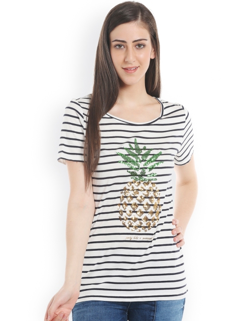 

ONLY Women White & Navy Round Scoop Neck T-shirt