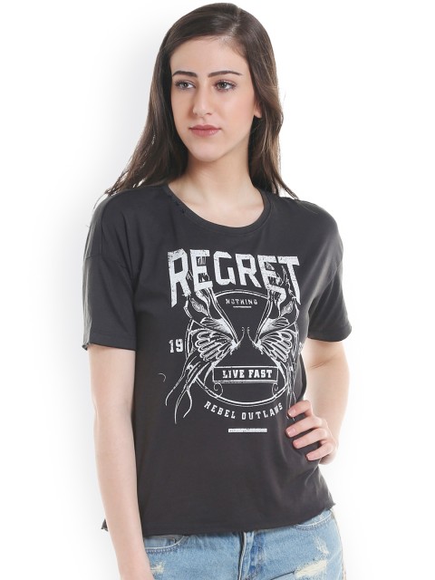 

ONLY Women Charcoal Grey Printed Round Neck T-shirt