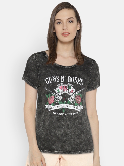 

ONLY Women Charcoal Grey Printed Round Neck T-shirt