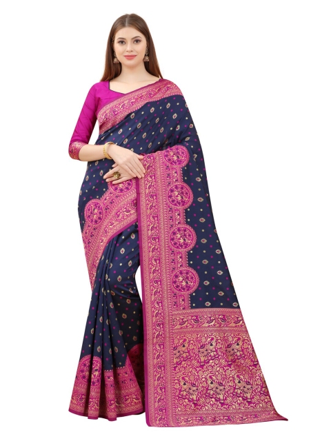 

MOKSHA DESIGNS Navy Blue & Pink Ethnic Motifs Pure Silk Kanjeevaram Saree