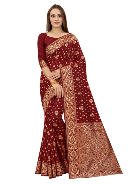 

MOKSHA DESIGNS Maroon & Gold-Toned Ethnic Motifs Pure Silk Kanjeevaram Saree