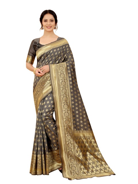 

MOKSHA DESIGNS Grey & Gold-Toned Woven Design Zari Pure Silk Kanjeevaram Saree