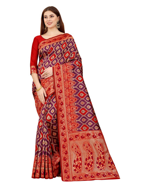 

MOKSHA DESIGNS Red & Violet Ethnic Motifs Zari Pure Silk Kanjeevaram Saree