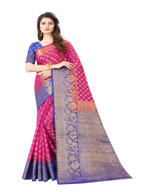 

MOKSHA DESIGNS Blue & Pink Woven Design Zari Pure Silk Kanjeevaram Saree
