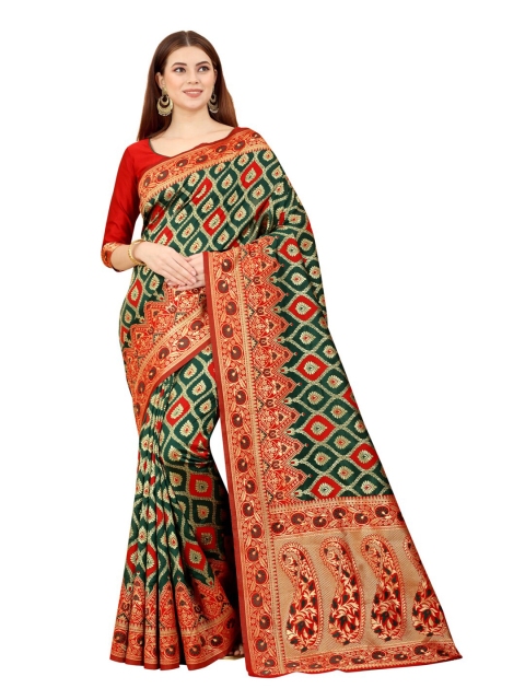 

MOKSHA DESIGNS Green & Red Woven Design Zari Pure Silk Kanjeevaram Saree