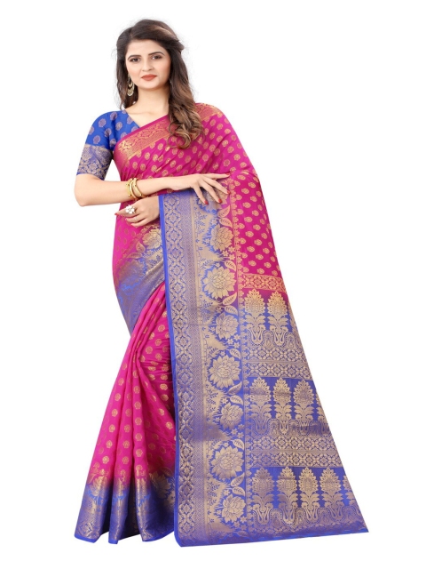 

MOKSHA DESIGNS Pink And Blue Woven Design Zari Pure Silk Kanjeevaram Saree