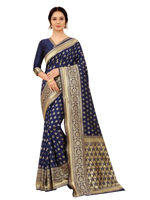 

MOKSHA DESIGNS Navy Blue And Gold-Toned Woven Design Zari Pure Silk Kanjeevaram Saree