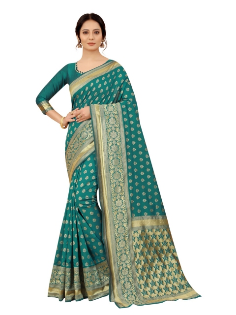 

MOKSHA DESIGNS Teal Green And Gold-Toned Woven Design Zari Pure Silk Kanjeevaram Saree