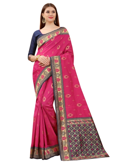 

MOKSHA DESIGNS Pink And Blue Woven Design Zari Pure Silk Kanjeevaram Saree