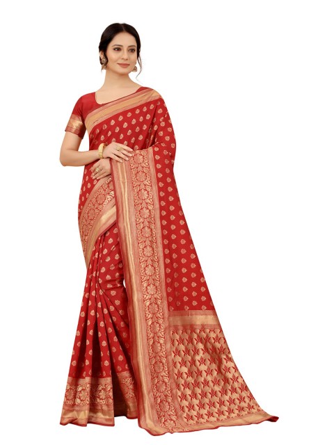 

MOKSHA DESIGNS Red & Gold-Toned Ethnic Motifs Zari Pure Silk Kanjeevaram Saree