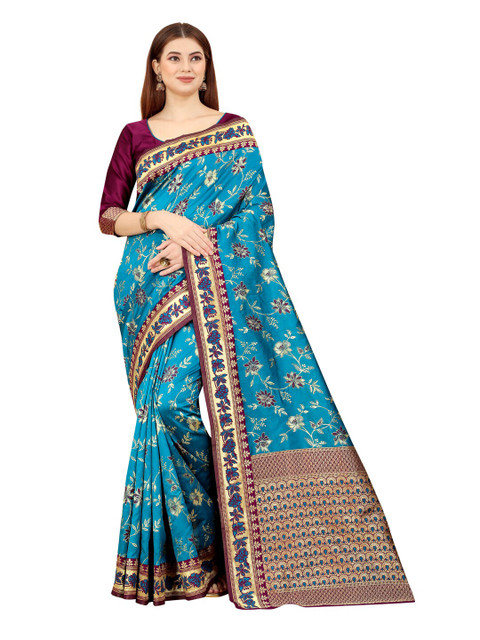 

MOKSHA DESIGNS Blue & Burgundy Floral Zari Pure Silk Kanjeevaram Saree