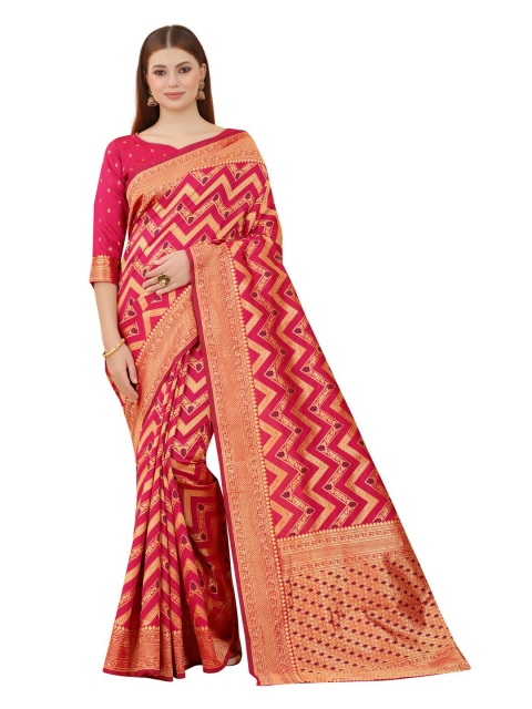 

MOKSHA DESIGNS Coral & Gold-Toned Zari Pure Silk Kanjeevaram Saree