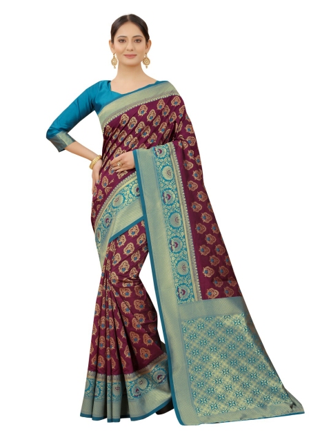 

MOKSHA DESIGNS Burgundy & Blue Ethnic Motifs Zari Pure Silk Kanjeevaram Saree