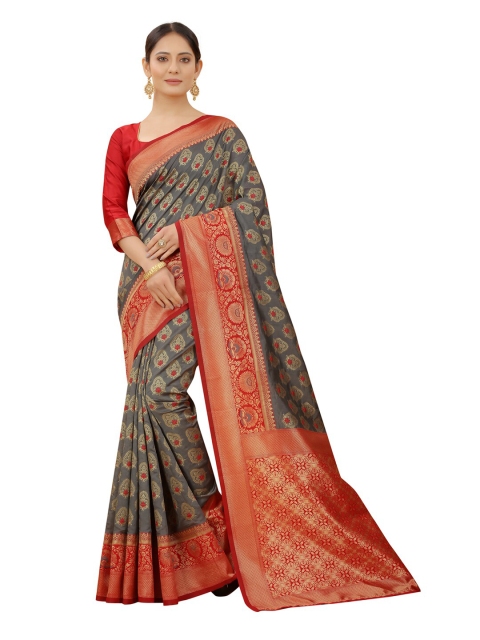 

MOKSHA DESIGNS Grey & Red Ethnic Motifs Zari Pure Silk Kanjeevaram Saree