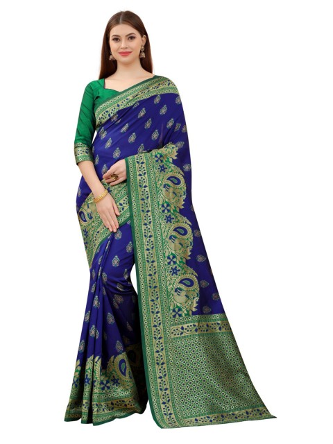 

MOKSHA DESIGNS Blue & Green Ethnic Motifs Zari Pure Silk Kanjeevaram Saree