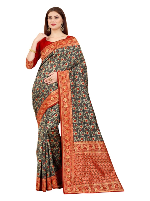 

MOKSHA DESIGNS Grey & Red Floral Zari Pure Silk Kanjeevaram Saree