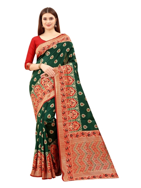 

MOKSHA DESIGNS Green & Red Ethnic Motifs Zari Pure Silk Kanjeevaram Saree