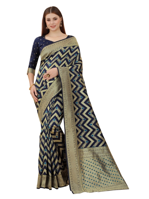 

MOKSHA DESIGNS Navy Blue & Gold-Toned Zari Pure Silk Kanjeevaram Saree