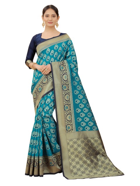 

MOKSHA DESIGNS Turquoise Blue & Navy Blue Floral Zari Pure Silk Kanjeevaram Saree