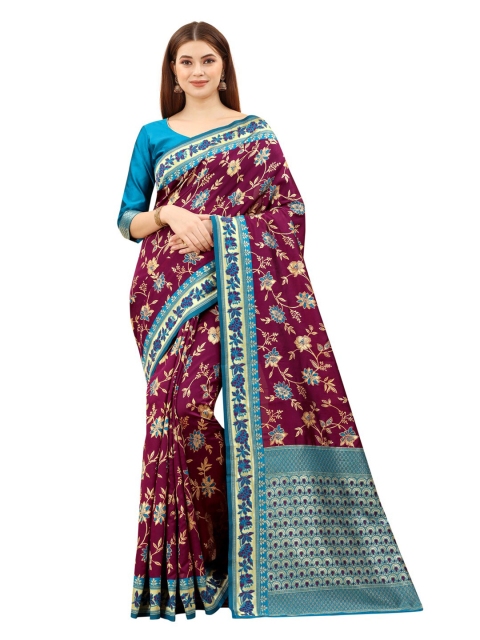 

MOKSHA DESIGNS Burgundy & Turquoise Blue Floral Zari Pure Silk Kanjeevaram Saree