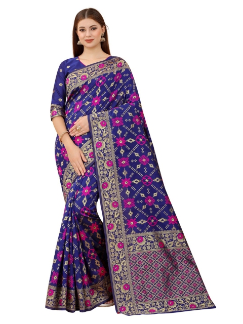 

MOKSHA DESIGNS Blue & Pink Floral Zari Pure Silk Kanjeevaram Saree