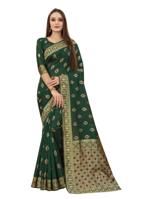 

MOKSHA DESIGNS Green & Red Ethnic Motifs Zari Pure Silk Kanjeevaram Saree